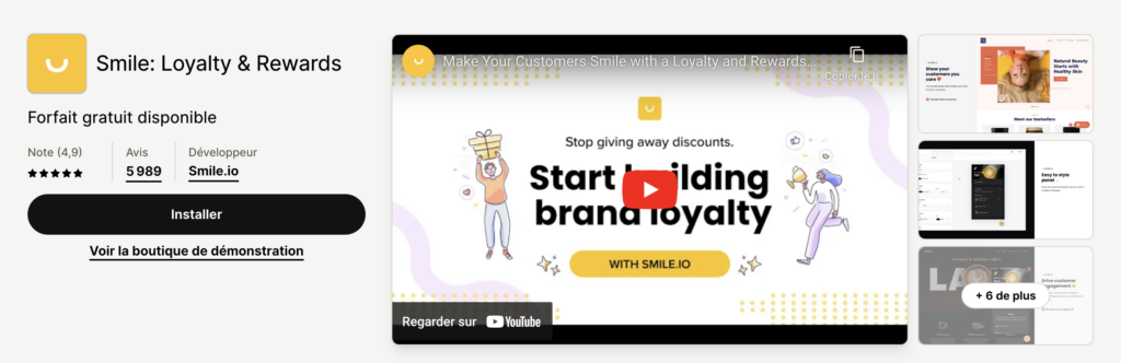 capture ecran de l'application shopify Smile pour la fidélisation client