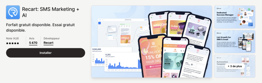 capture ecran de l'application shopify Recart pour les paniers abandonnés